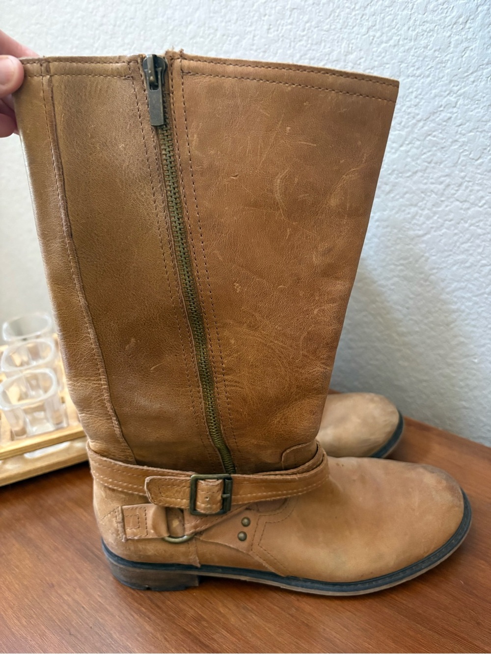 Gianni Bini Tan Leather Mid-Calf Heeled Boots